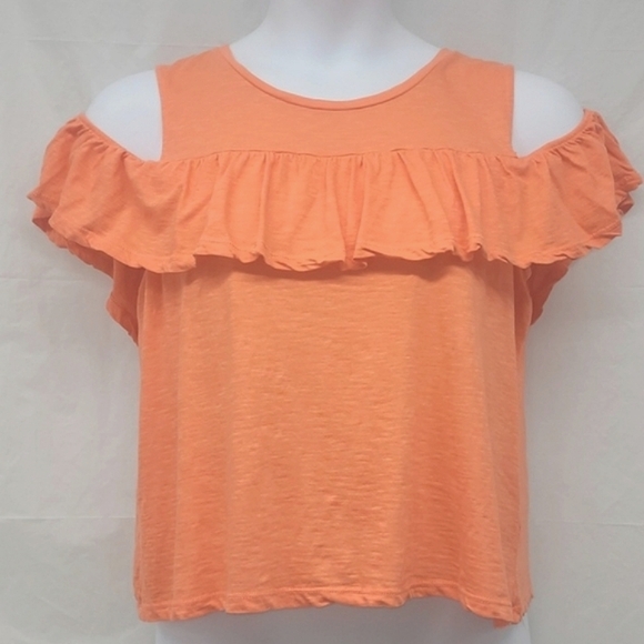 Crop Top Ruffled Cold Shoulder Salmon Coral Peach  NEW Short Sleeve 100% Cotton - Picture 1 of 8